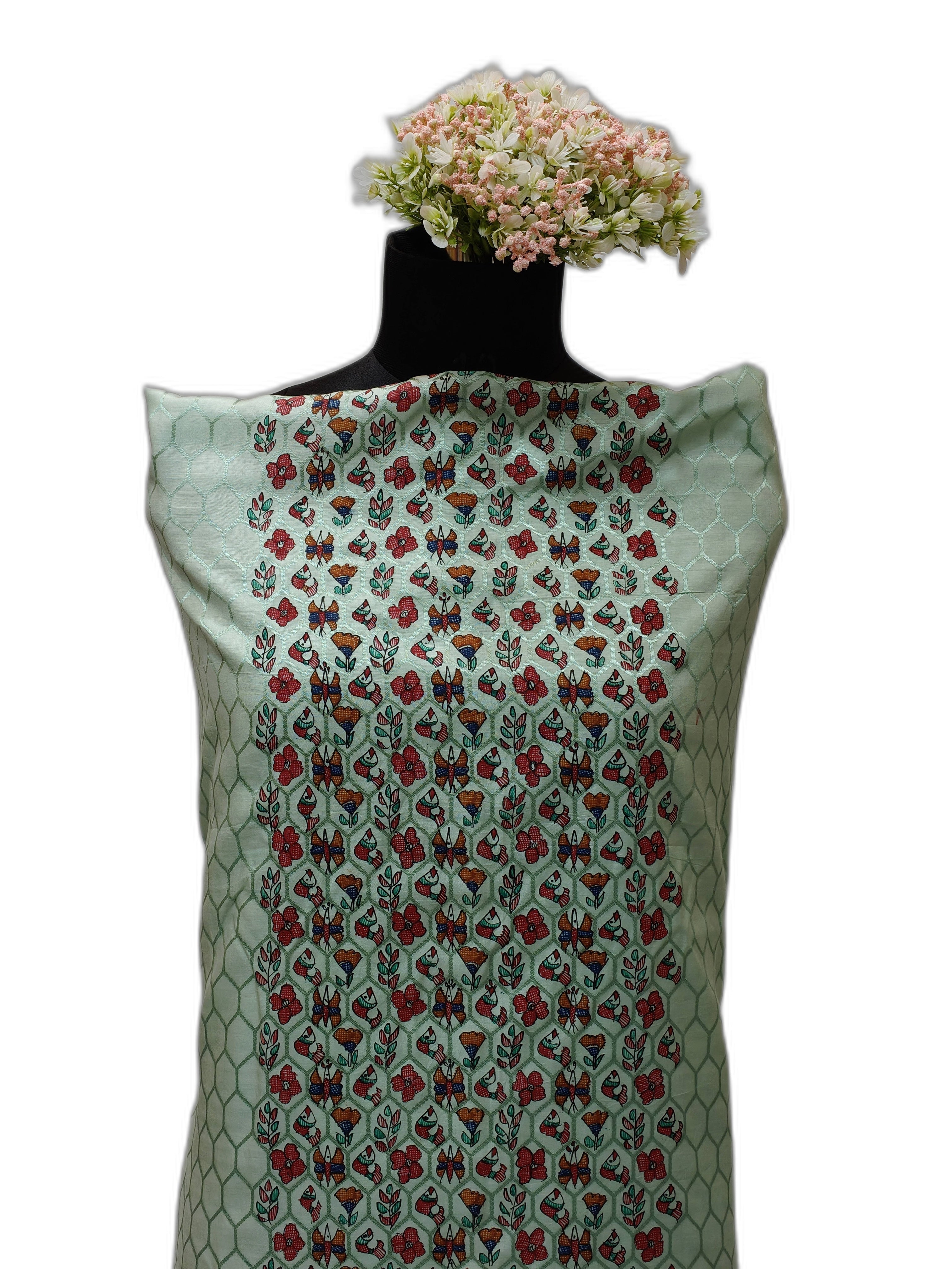 Hand-Painted Madhubani Unstitched Chenya Silk Suit Set in Mint Green